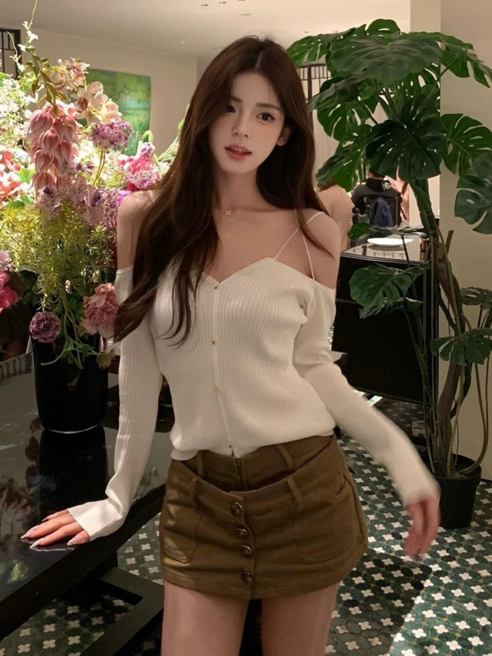 White Off Shoulder Knit Cardigan Top Spaghetti Strap Ribbed XS - Picture 2 of 6